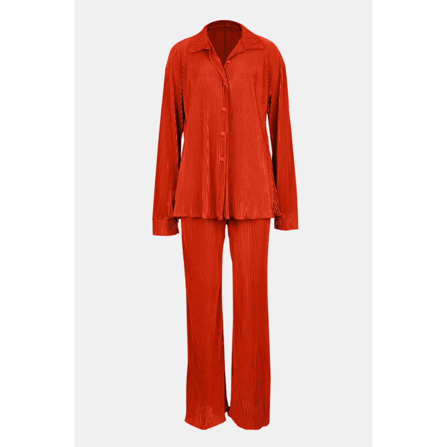 Textured Button Up Collared Neck Top and Pants Set Apparel and Accessories