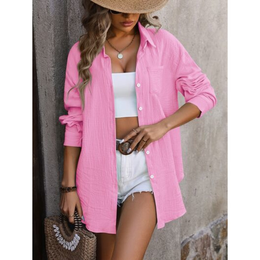 Textured Button Up Dropped Shoulder Shirt Carnation Pink / S Apparel and Accessories