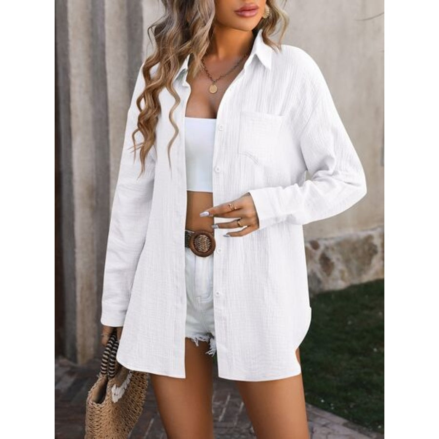 Textured Button Up Dropped Shoulder Shirt Apparel and Accessories