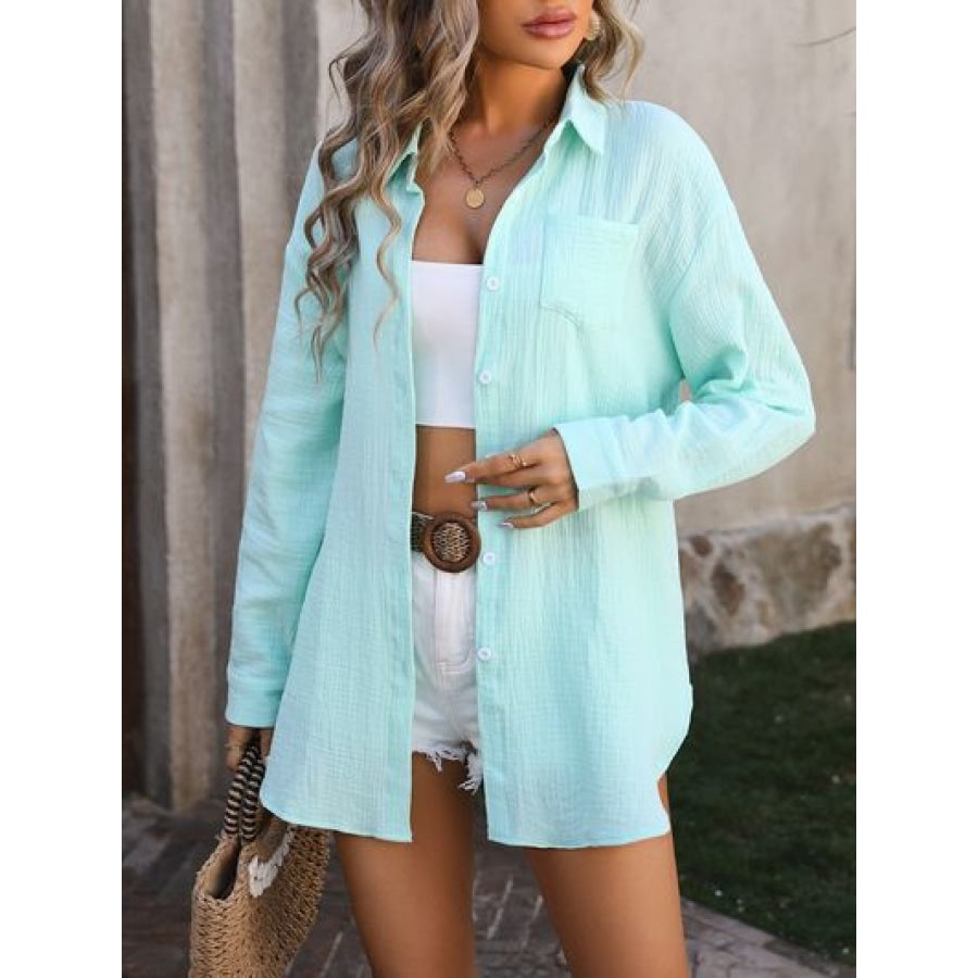 Textured Button Up Dropped Shoulder Shirt Apparel and Accessories