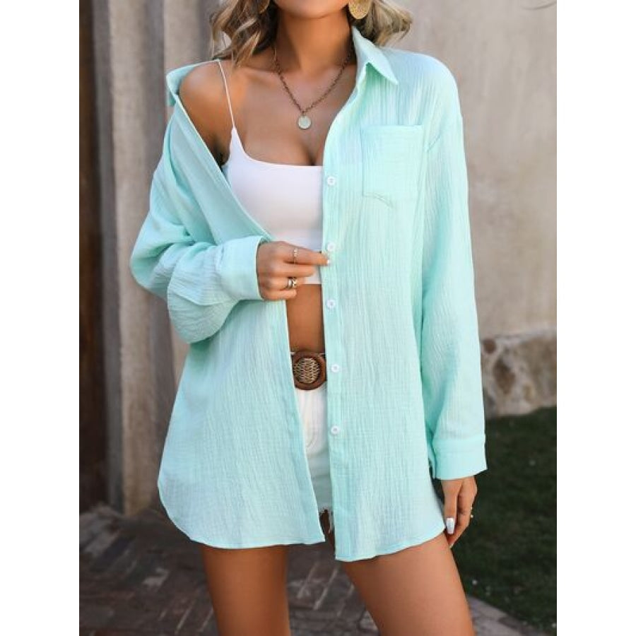 Textured Button Up Dropped Shoulder Shirt Apparel and Accessories