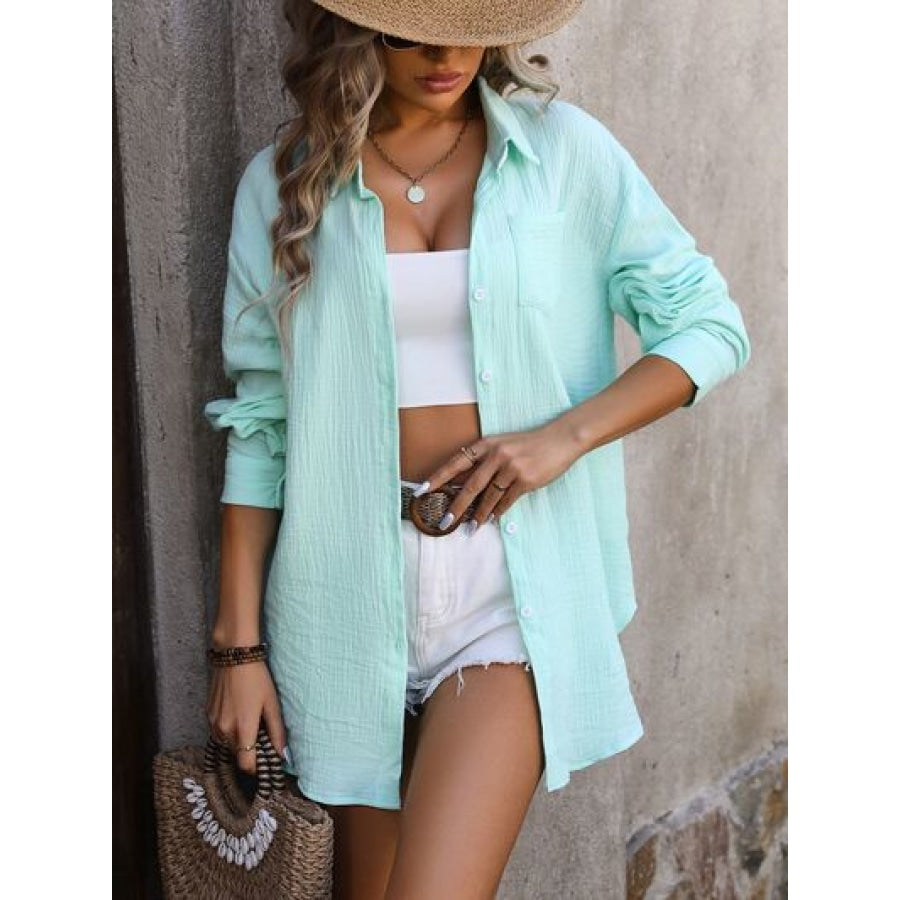 Textured Button Up Dropped Shoulder Shirt Tiffany Blue / S Apparel and Accessories