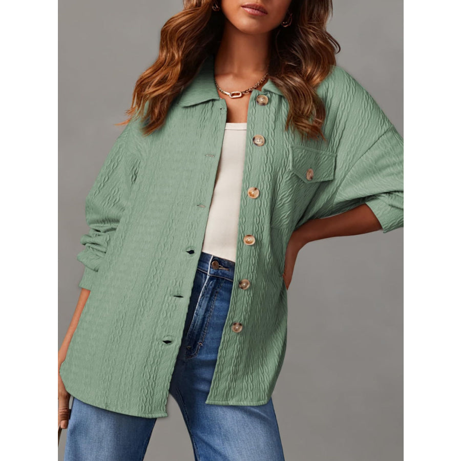 Textured Button Up Long Sleeve Shacket Apparel and Accessories