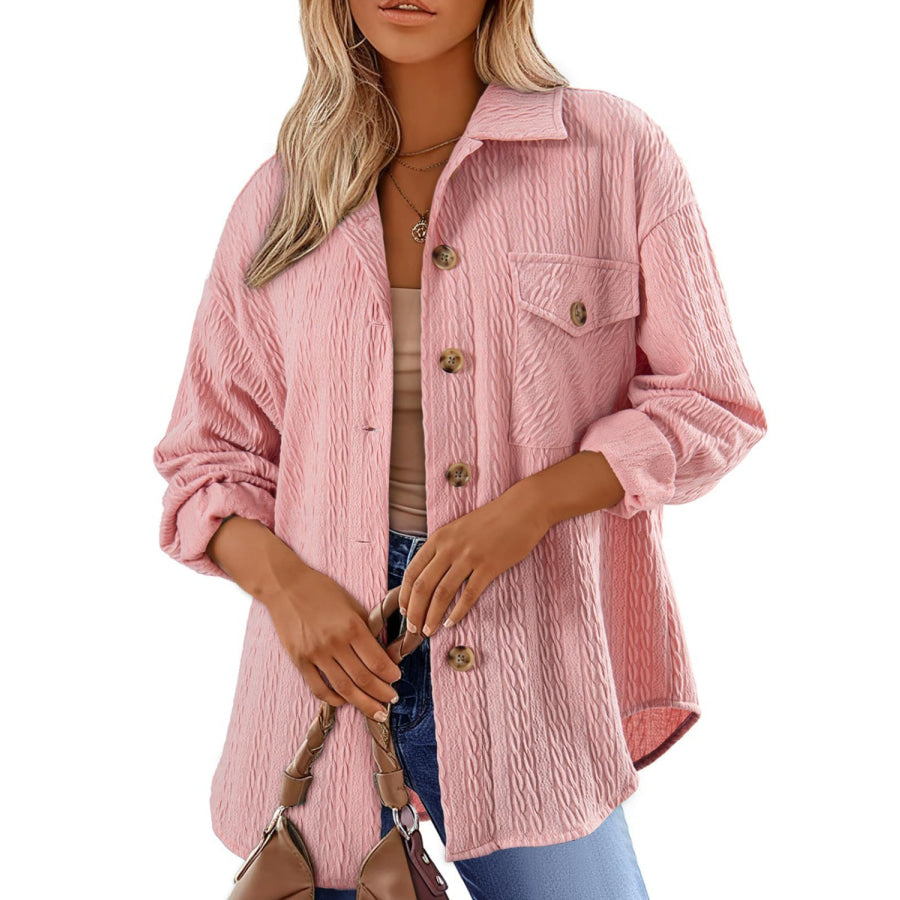 Textured Button Up Long Sleeve Shacket Apparel and Accessories