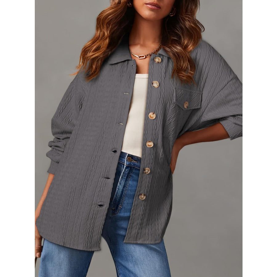 Textured Button Up Long Sleeve Shacket Apparel and Accessories