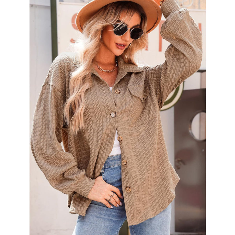 Textured Button Up Long Sleeve Shacket Apparel and Accessories