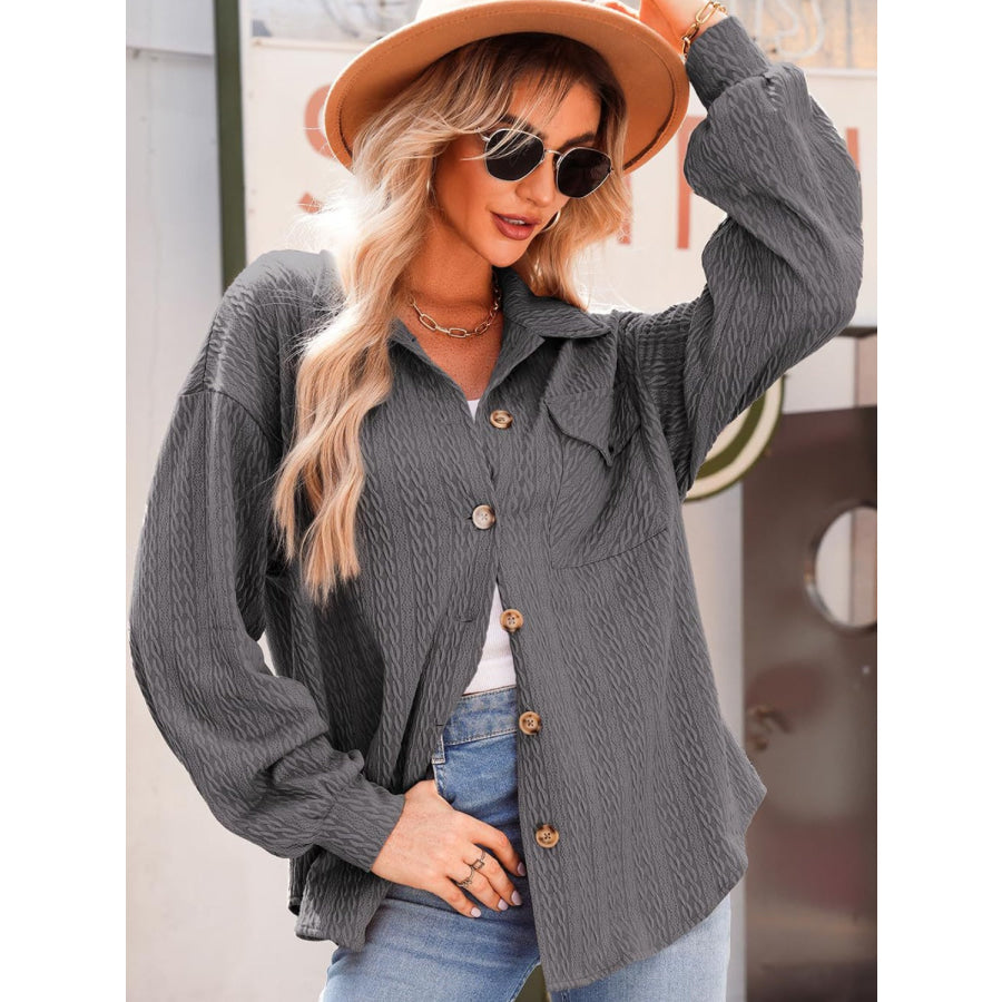 Textured Button Up Long Sleeve Shacket Apparel and Accessories