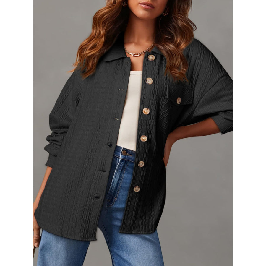 Textured Button Up Long Sleeve Shacket Apparel and Accessories