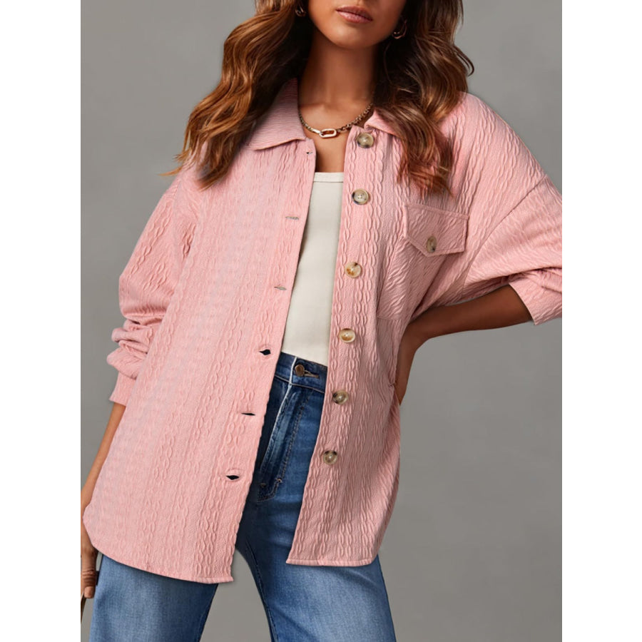 Textured Button Up Long Sleeve Shacket Blush Pink / S Apparel and Accessories