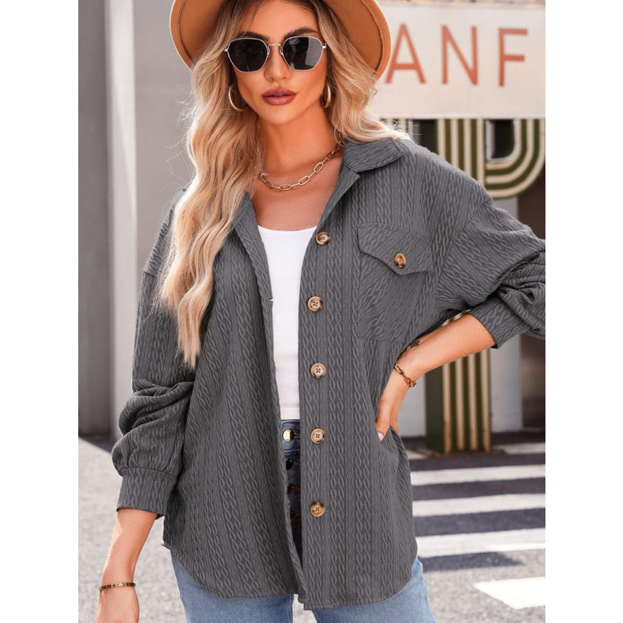 Textured Button Up Long Sleeve Shacket Dark Gray / S Apparel and Accessories