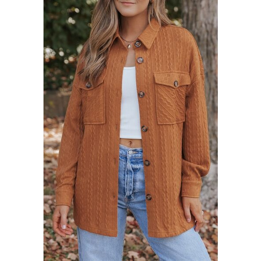 Textured Button Up Shacket with Pockets Ochre / S Clothing