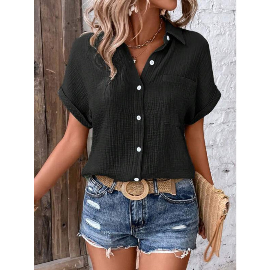 Textured Button Up Short Sleeve Shirt Apparel and Accessories