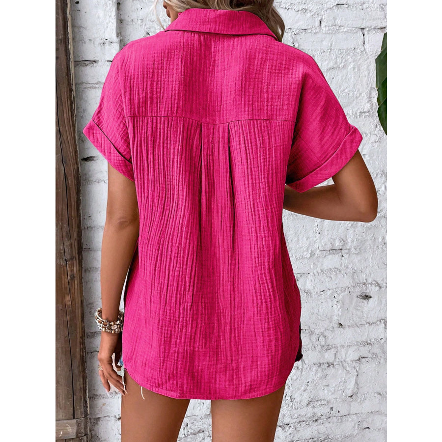 Textured Button Up Short Sleeve Shirt Deep Rose / S Apparel and Accessories