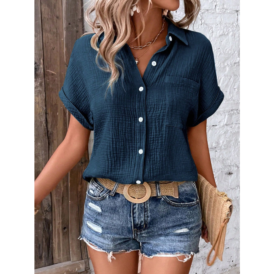 Textured Button Up Short Sleeve Shirt Apparel and Accessories