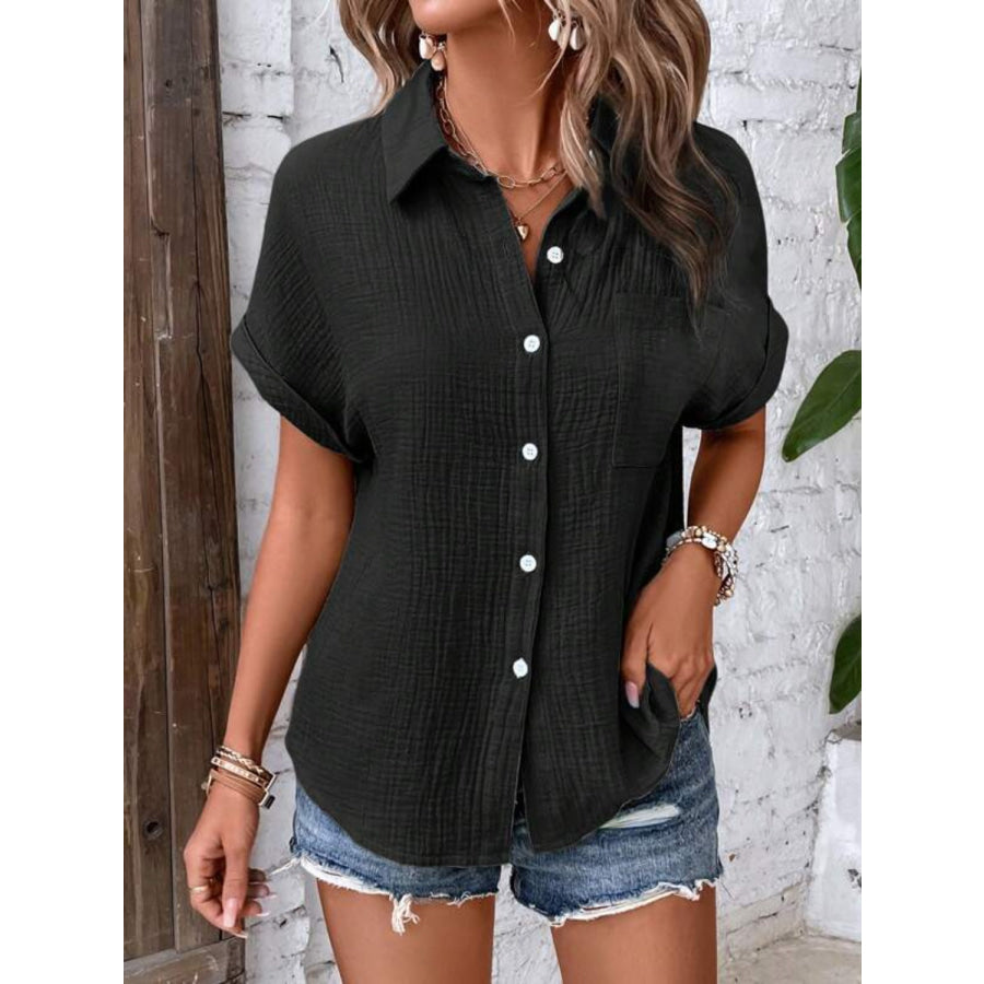 Textured Button Up Short Sleeve Shirt Black / S Apparel and Accessories