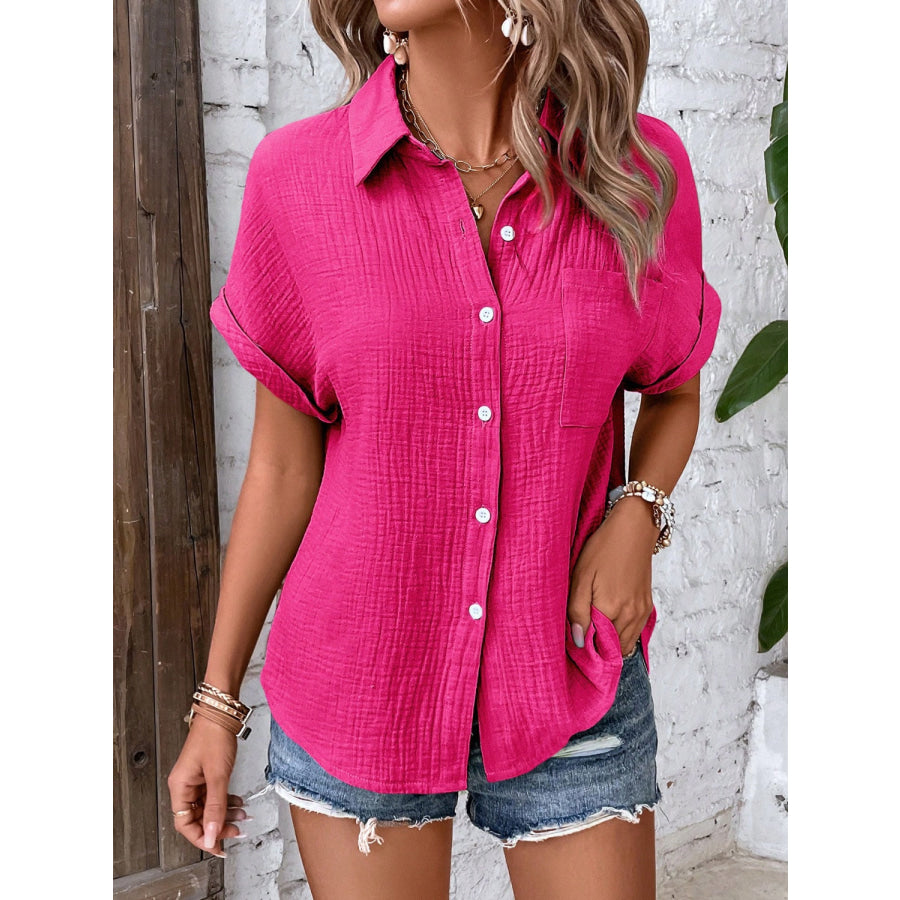 Textured Button Up Short Sleeve Shirt Deep Rose / S Apparel and Accessories