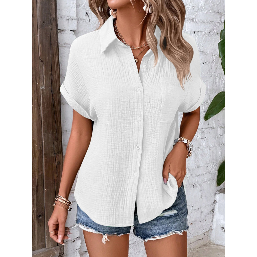 Textured Button Up Short Sleeve Shirt White / S Apparel and Accessories