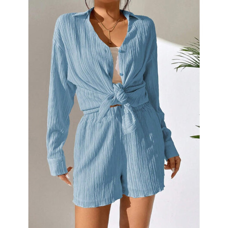 Textured Buttoned Shirt and Shorts Set Apparel and Accessories