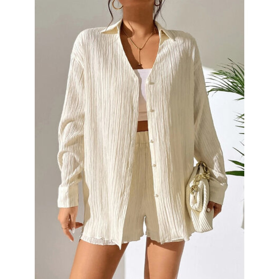 Textured Buttoned Shirt and Shorts Set Apparel and Accessories