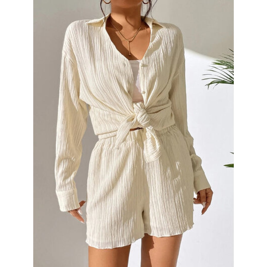 Textured Buttoned Shirt and Shorts Set Apparel and Accessories