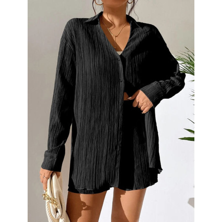 Textured Buttoned Shirt and Shorts Set Apparel and Accessories