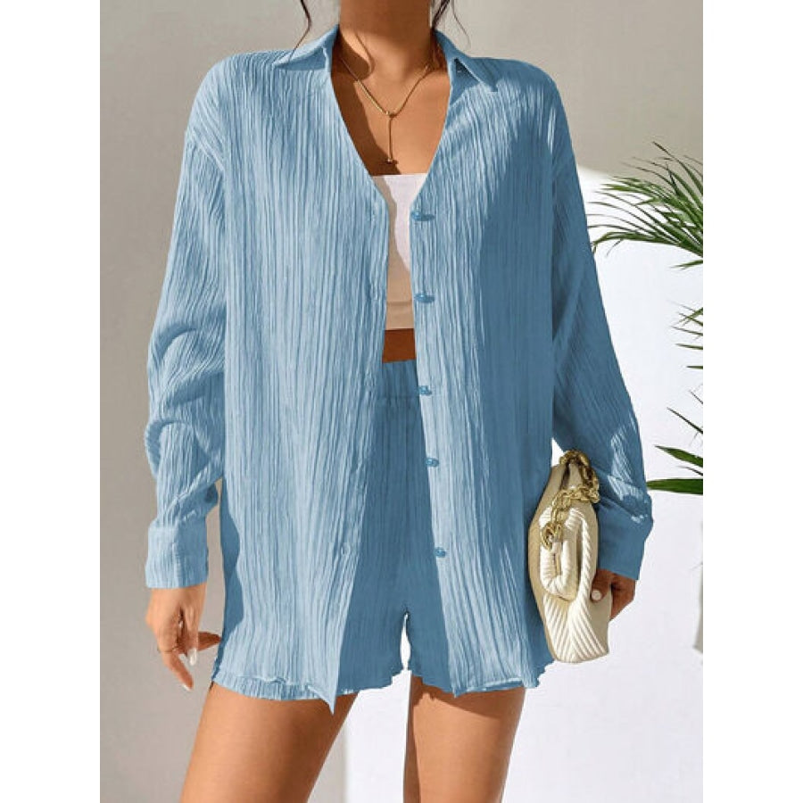 Textured Buttoned Shirt and Shorts Set Apparel and Accessories