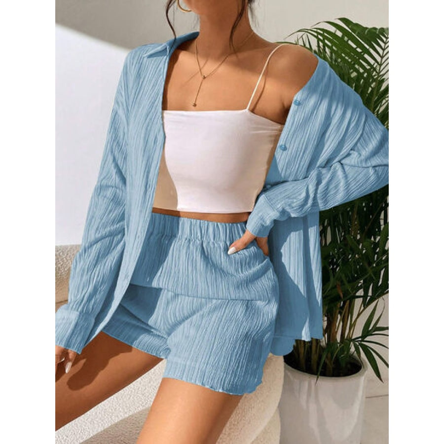 Textured Buttoned Shirt and Shorts Set Apparel and Accessories