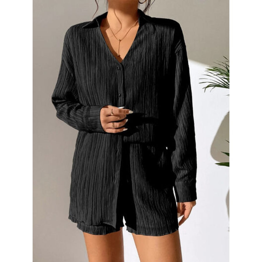 Textured Buttoned Shirt and Shorts Set Black / S Apparel and Accessories