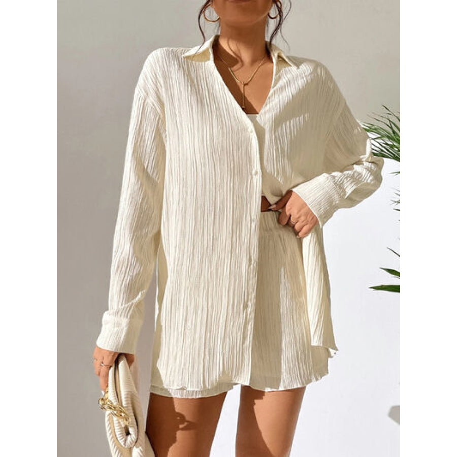 Textured Buttoned Shirt and Shorts Set Cream / S Apparel and Accessories