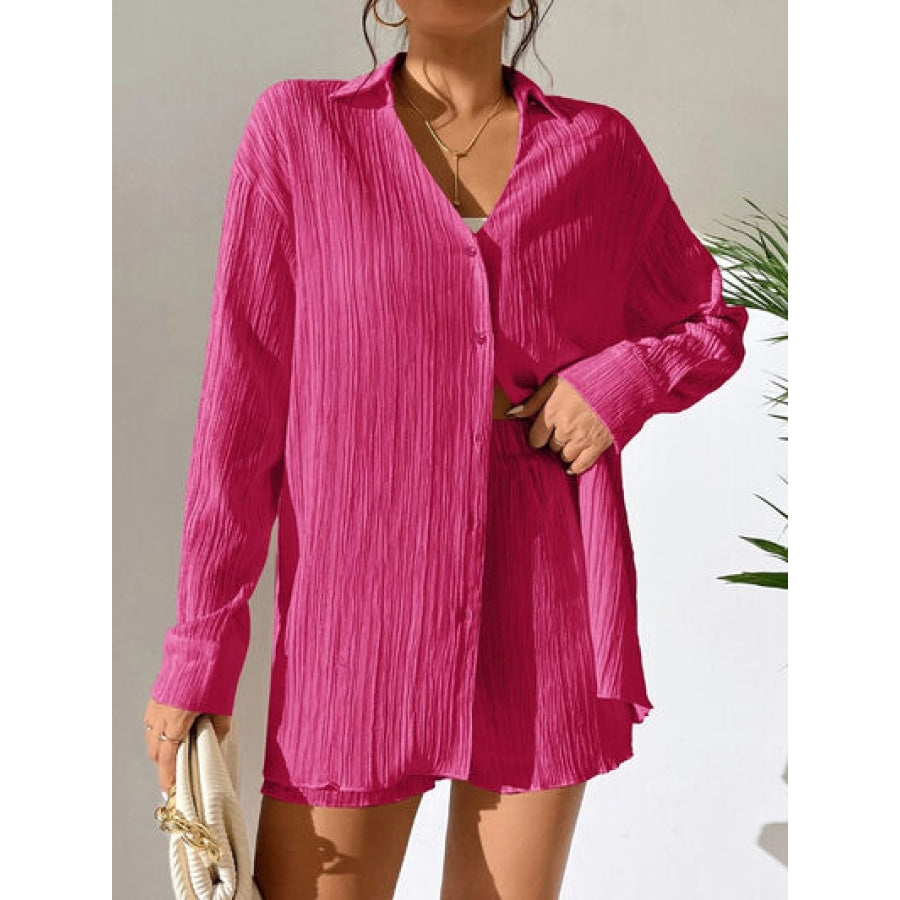 Textured Buttoned Shirt and Shorts Set Deep Rose / S Apparel and Accessories