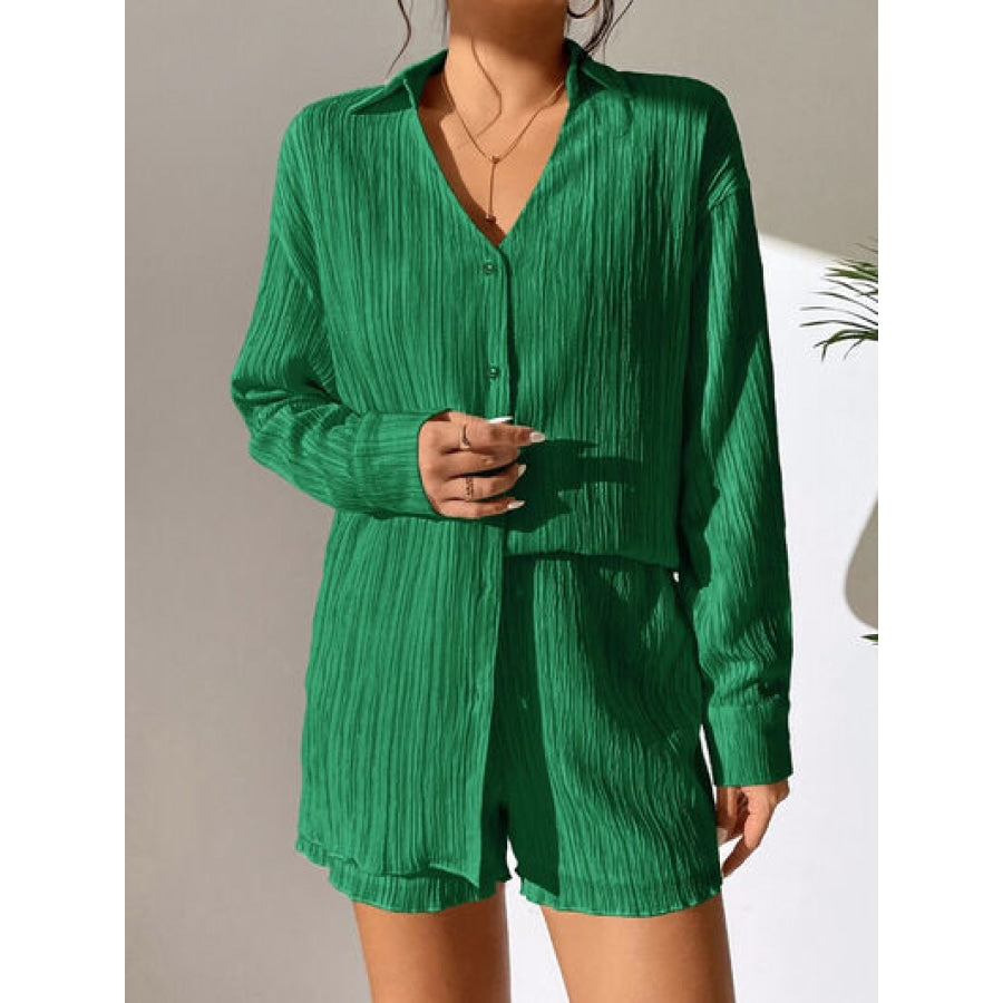 Textured Buttoned Shirt and Shorts Set Green / S Apparel and Accessories