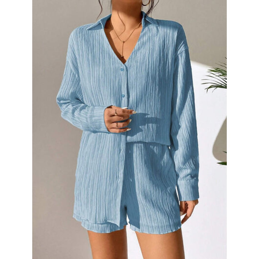 Textured Buttoned Shirt and Shorts Set Misty Blue / S Apparel and Accessories