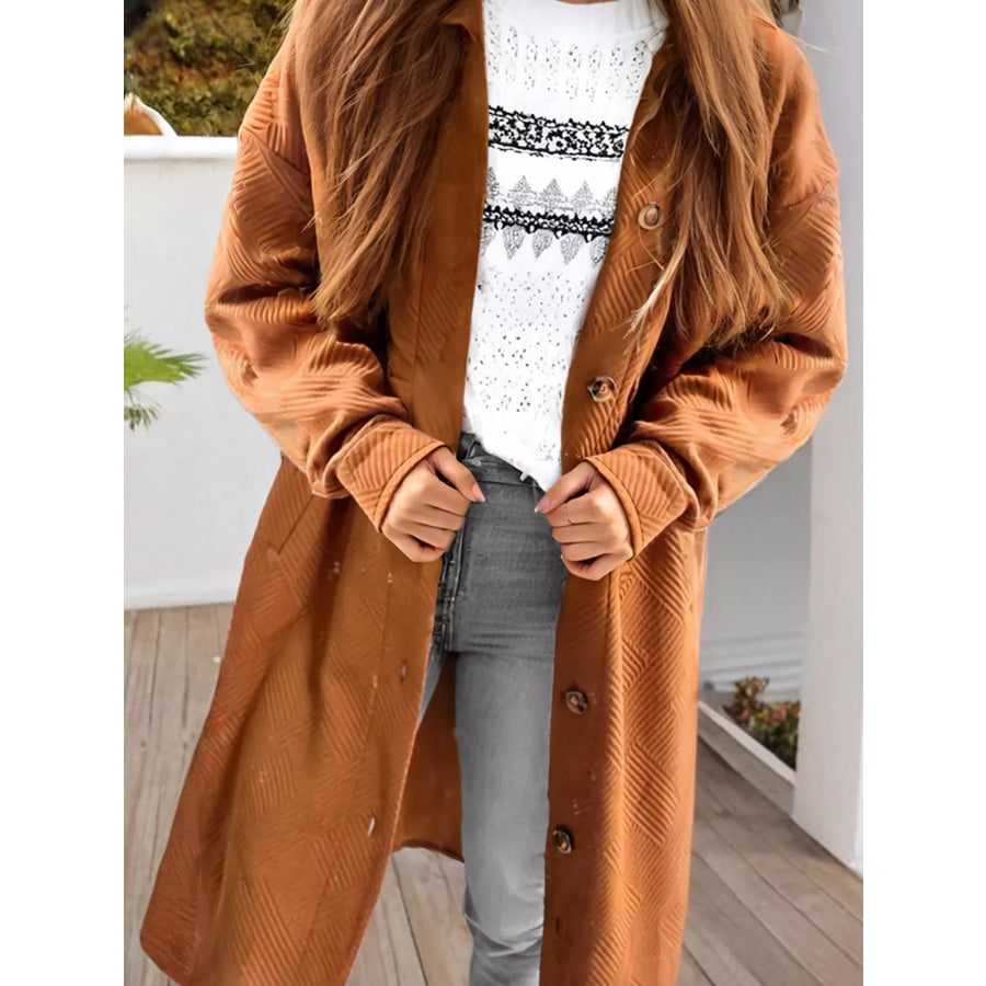 Textured Collared Drop Shoulder Buttoned Front Coat Apparel and Accessories