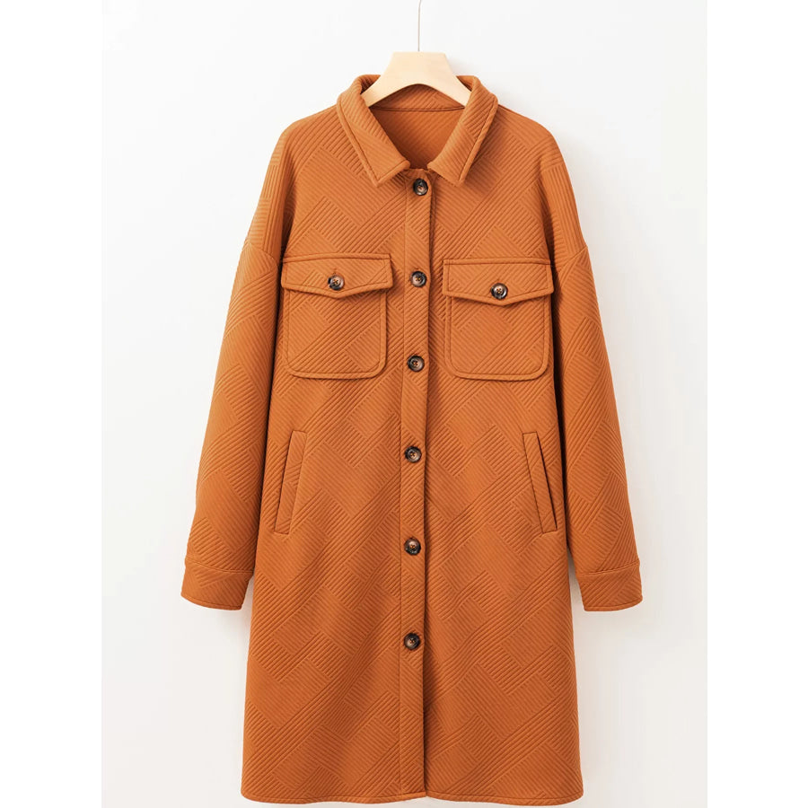 Textured Collared Drop Shoulder Buttoned Front Coat Apparel and Accessories