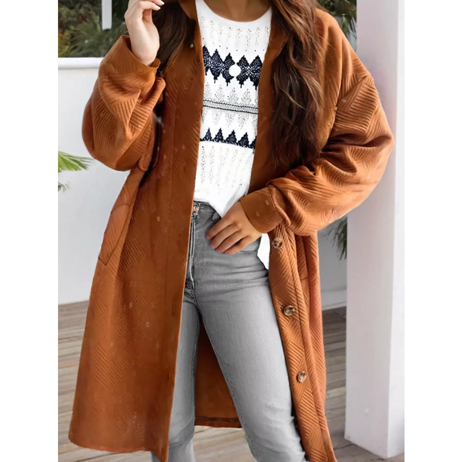 Textured Collared Drop Shoulder Buttoned Front Coat Caramel / S Apparel and Accessories