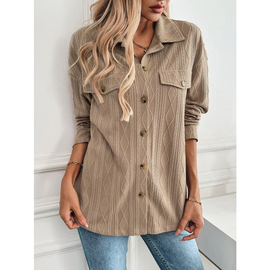 Textured Collared Neck Button Down Shacket Apparel and Accessories