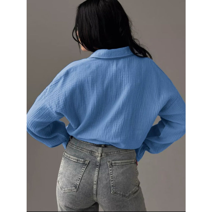 Textured Collared Neck Flounce Sleeve Shirt Blue / S Apparel and Accessories