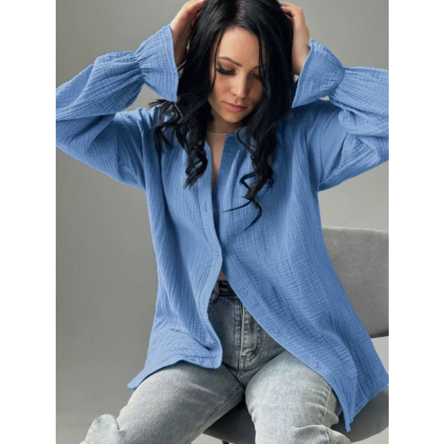 Textured Collared Neck Flounce Sleeve Shirt Blue / S Apparel and Accessories