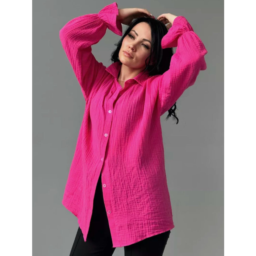 Textured Collared Neck Flounce Sleeve Shirt Hot Pink / S Apparel and Accessories