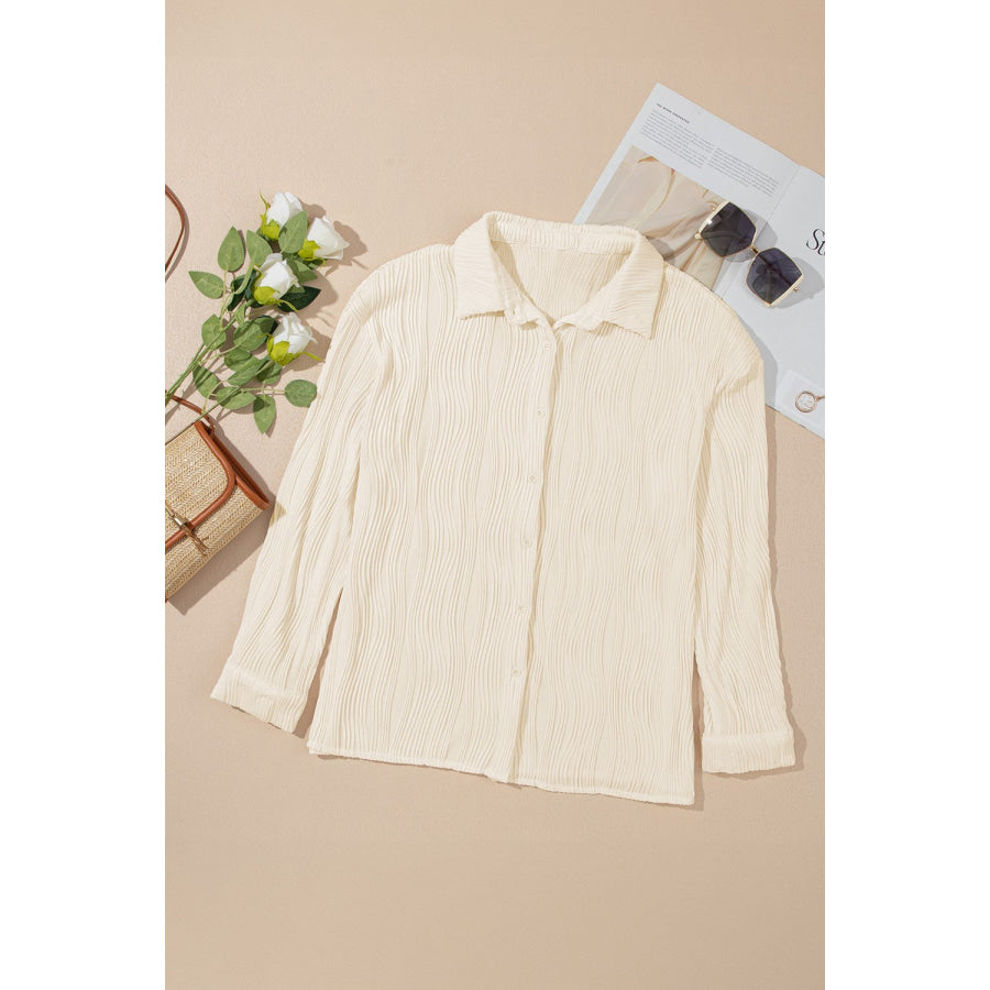 Textured Collared Neck Long Sleeve Shirt Apparel and Accessories