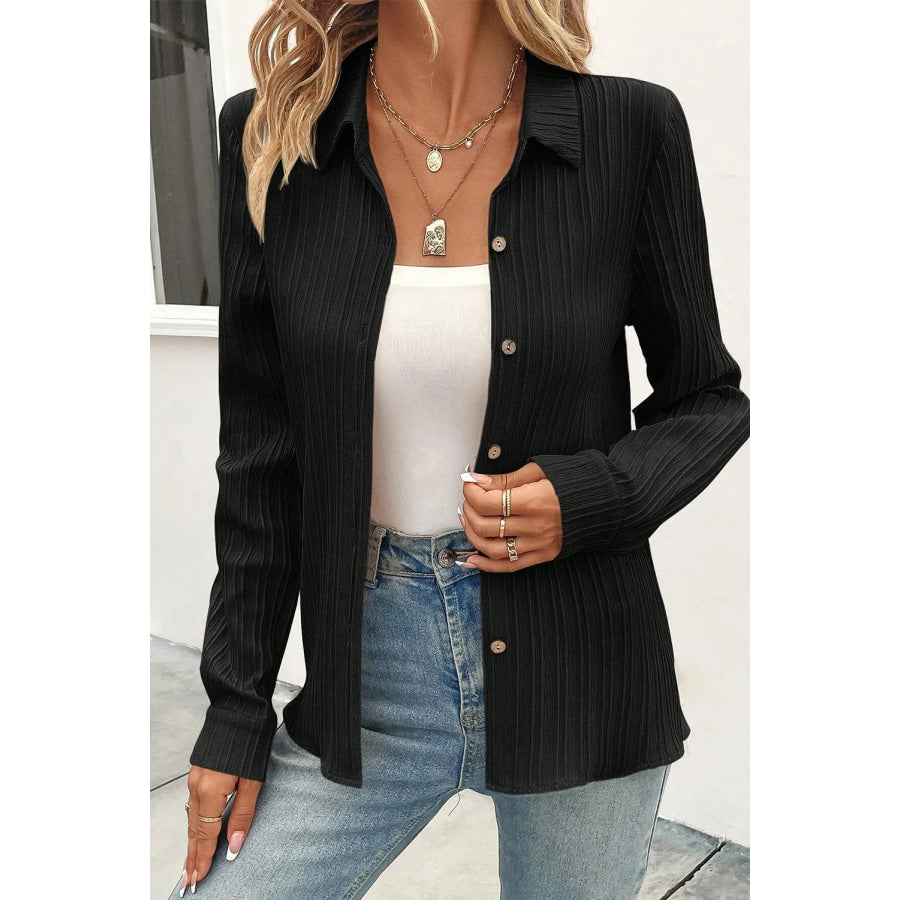 Textured Collared Neck Long Sleeve Shirt Apparel and Accessories