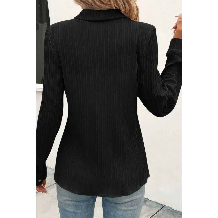 Textured Collared Neck Long Sleeve Shirt Apparel and Accessories