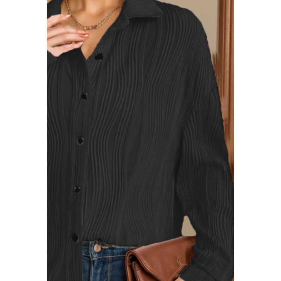 Textured Collared Neck Long Sleeve Shirt Apparel and Accessories