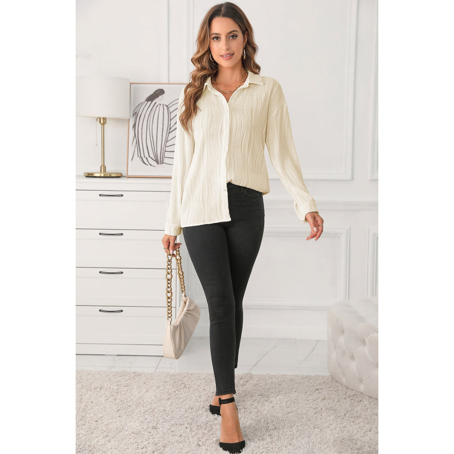 Textured Collared Neck Long Sleeve Shirt Apparel and Accessories