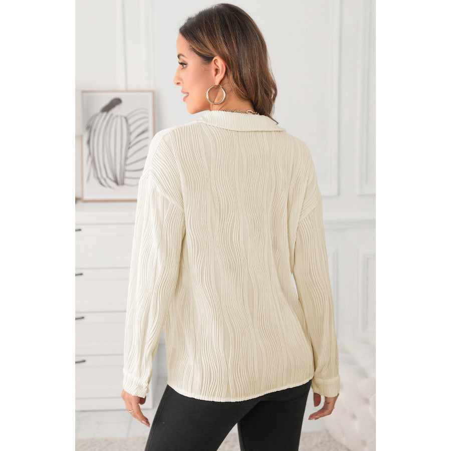 Textured Collared Neck Long Sleeve Shirt Apparel and Accessories