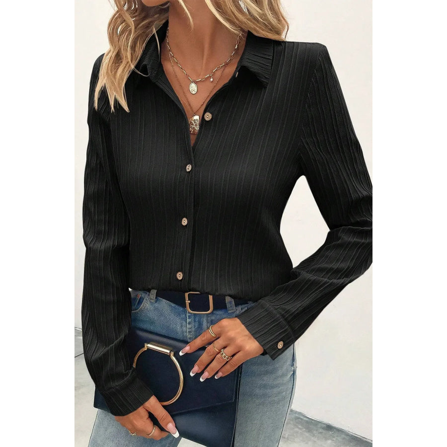 Textured Collared Neck Long Sleeve Shirt Apparel and Accessories