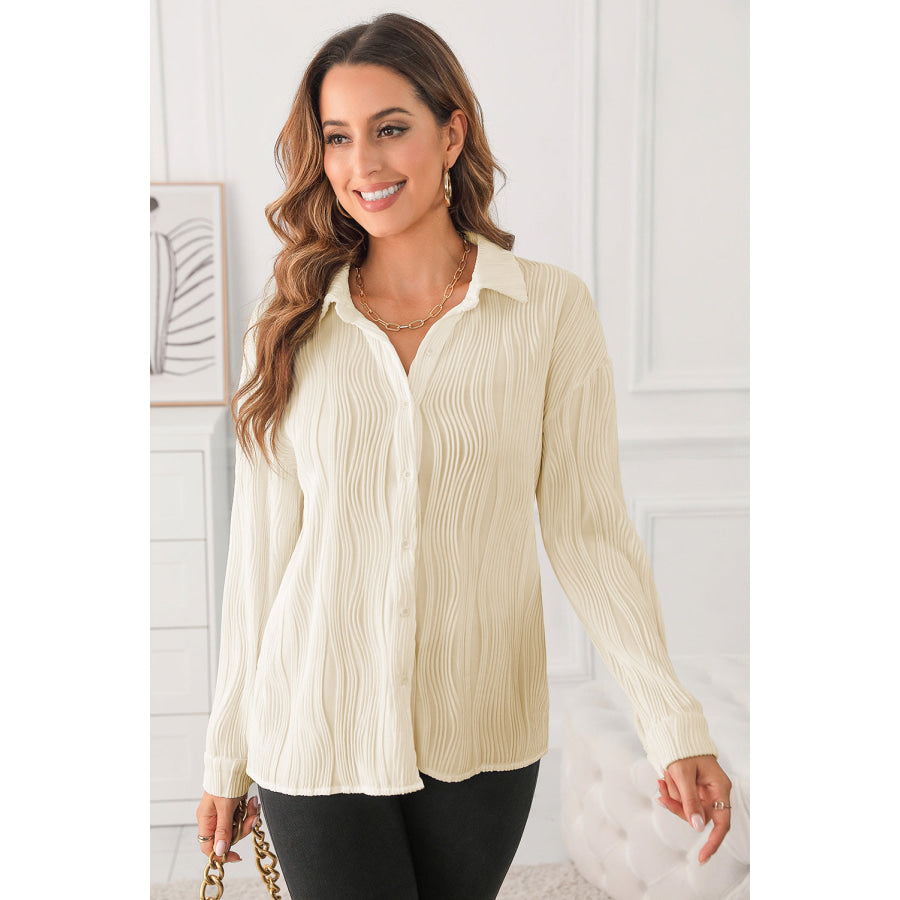 Textured Collared Neck Long Sleeve Shirt Apparel and Accessories