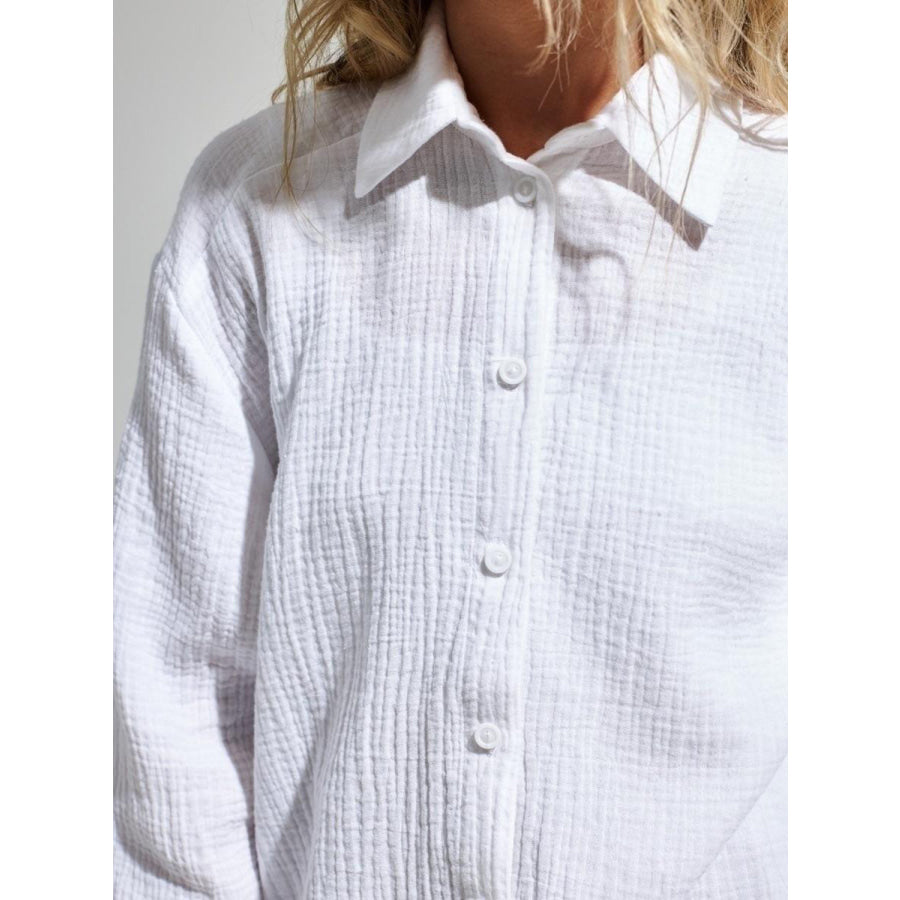 Textured Collared Neck Long Sleeve Shirt Apparel and Accessories