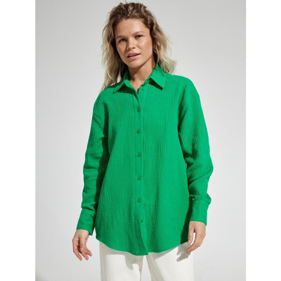 Textured Collared Neck Long Sleeve Shirt Apparel and Accessories