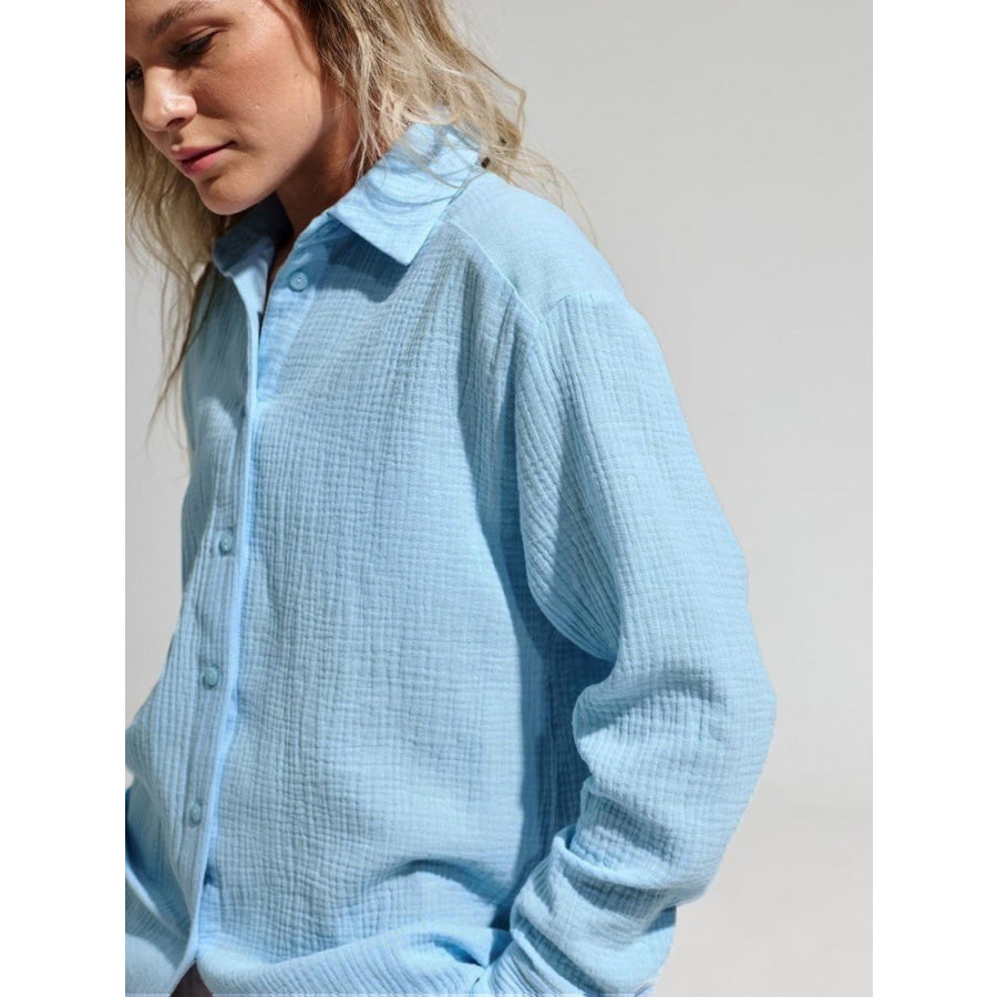 Textured Collared Neck Long Sleeve Shirt Apparel and Accessories